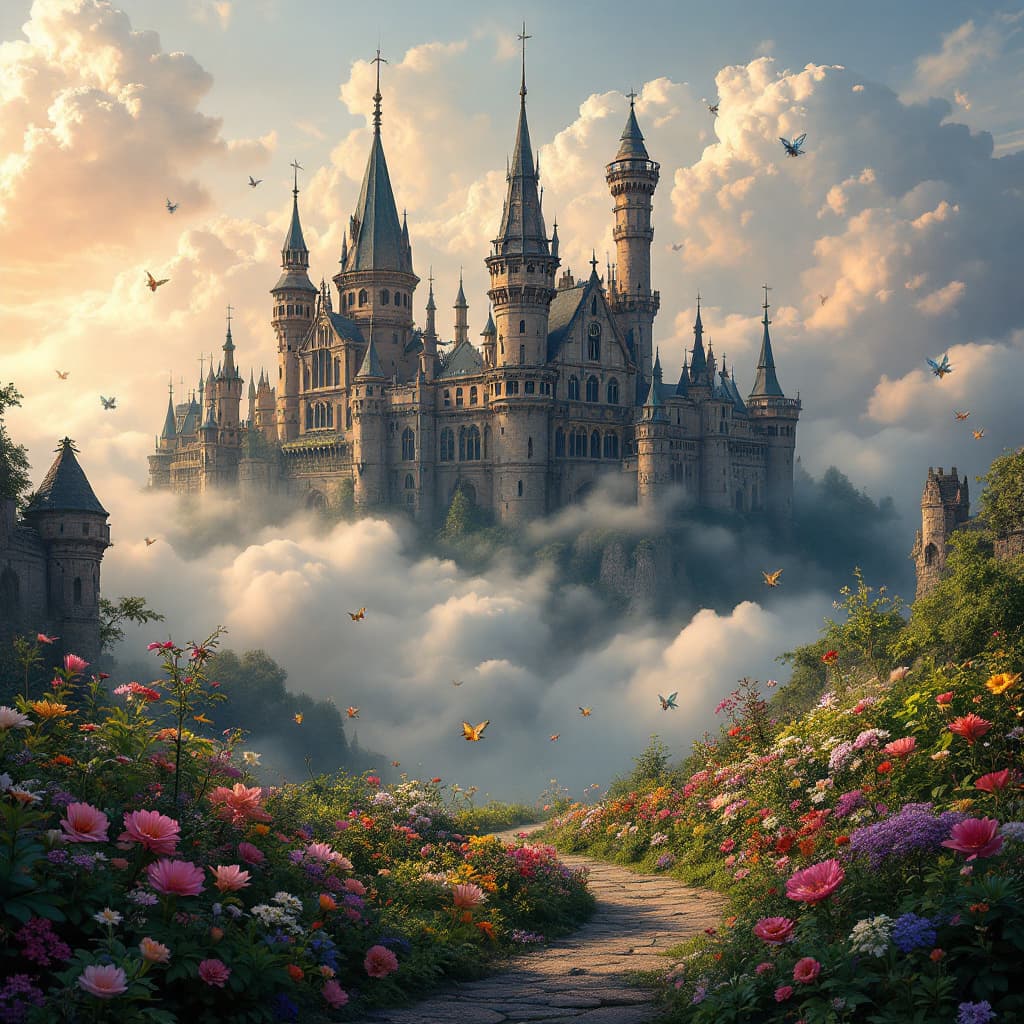 AI generated: an ancient castle in the clouds with a flower garden in front, fairies flying in the garden, cinemat...