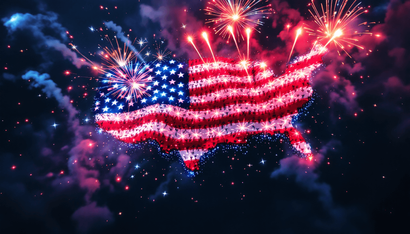 AI generated: 4K, photorealistic image of a 4th of July drone show with the drones in the formation of a huge Amer...