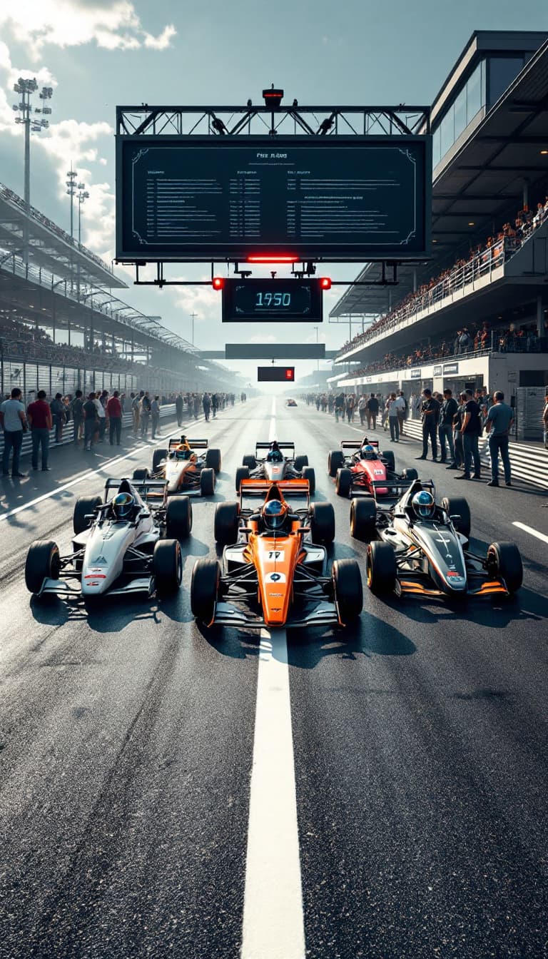 AI generated: Summer. At the start of the race track, (White stripe across the track) there are 5 (five) racing ca...