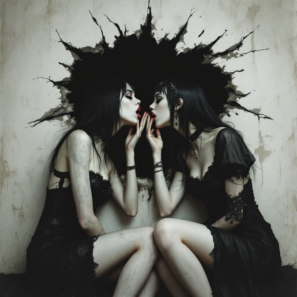 AI generated: 2  gothic seated girls licking the same hole in a wall at the same time almost touching the tongues 