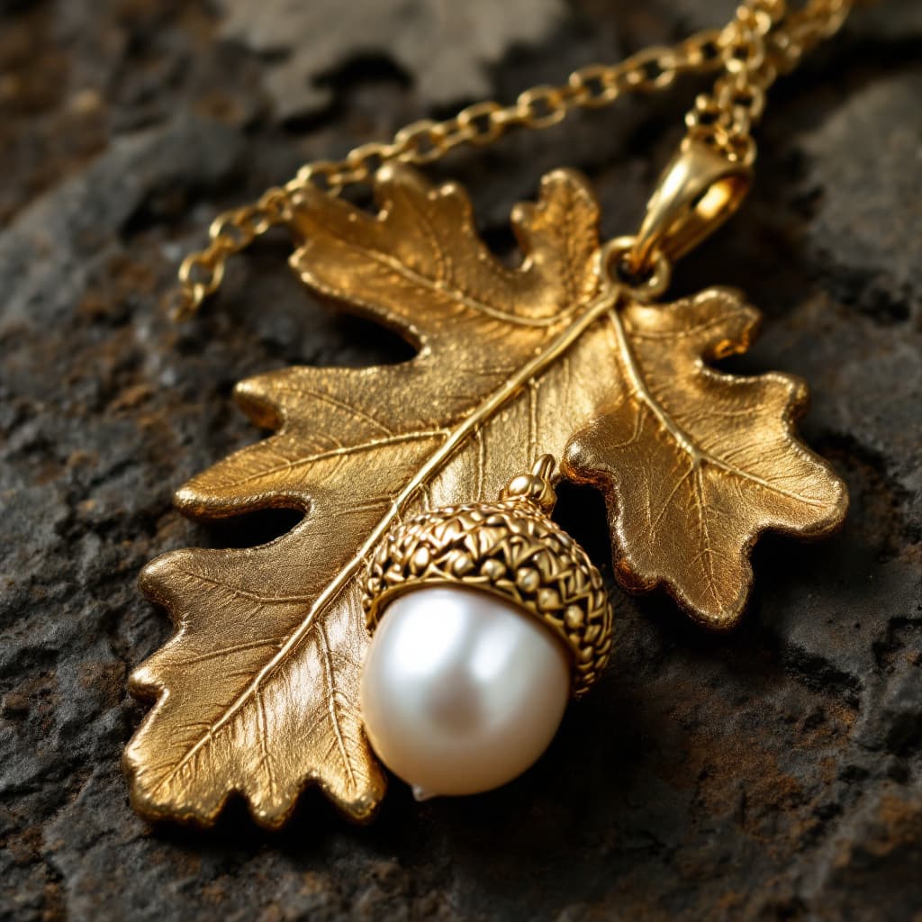 AI generated: an (oak leaf) and a pearl acorn (pendant), made in silver and gold