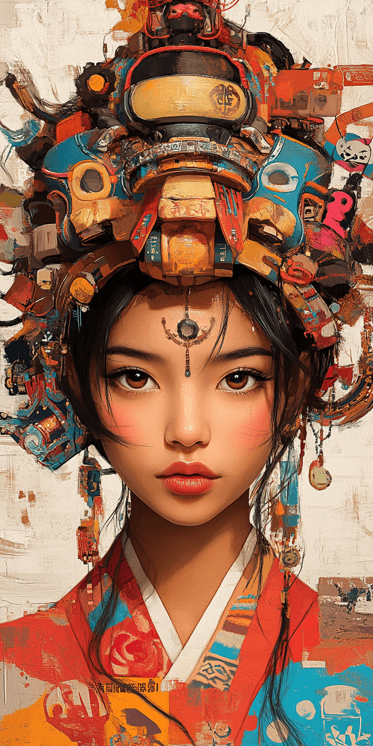 AI generated: A full-body portrait of an Asian woman with big shiny eyes, very large expressive lips, and colorful...