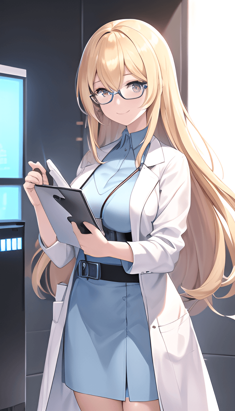AI generated: (An anime girl working as a scientist), standing in front of a futuristic laboratory with complex ma...