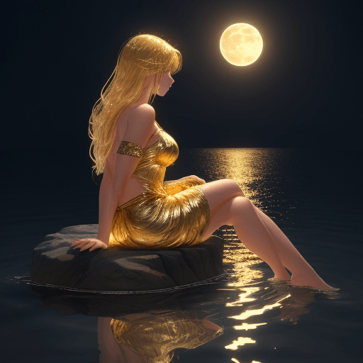 AI generated: beautiful golden image of beautiful girl,  sitting in water with bright full moon hanging in the sky...