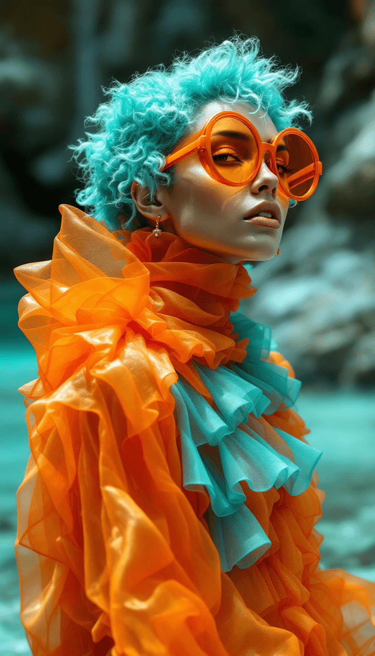 AI generated: high end fashion shoot, fashion, stunning model wearing extravagent futuristic foam and orange toned...