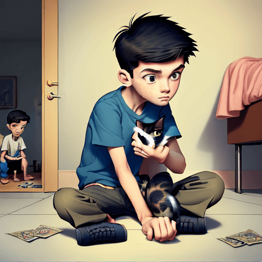 AI generated: A young puzzled boy showing his empty pockets to the viewer of the image - as if looking up to his m...