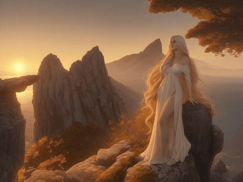 AI generated: a breathtaking portrait of a woman standing atop a rocky outcropping, bathed in the warm, golden lig...