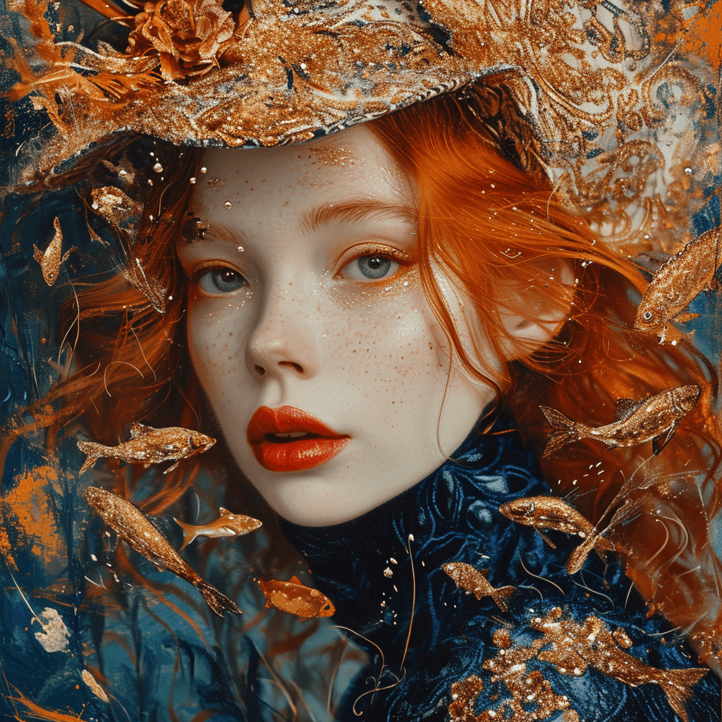AI generated: A woman in blue paint with a red hair, in the style of hyperrealistic marine life, dark gold and gol...