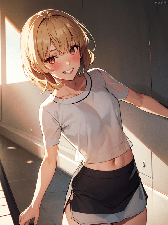AI generated:  realistic,portrait, 1girl, crop top, blonde hair, dark eyes, glowing eyes,skirt, parted lips, blush...