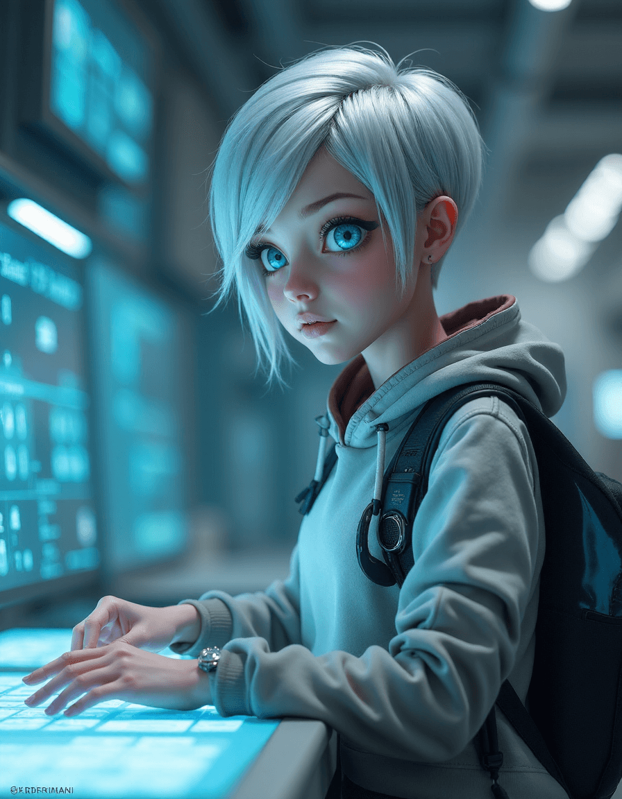 AI generated: Hyper realistic Photography: A charming, tech-savvy [girl with short, silver pixie-cut] hair and vib...