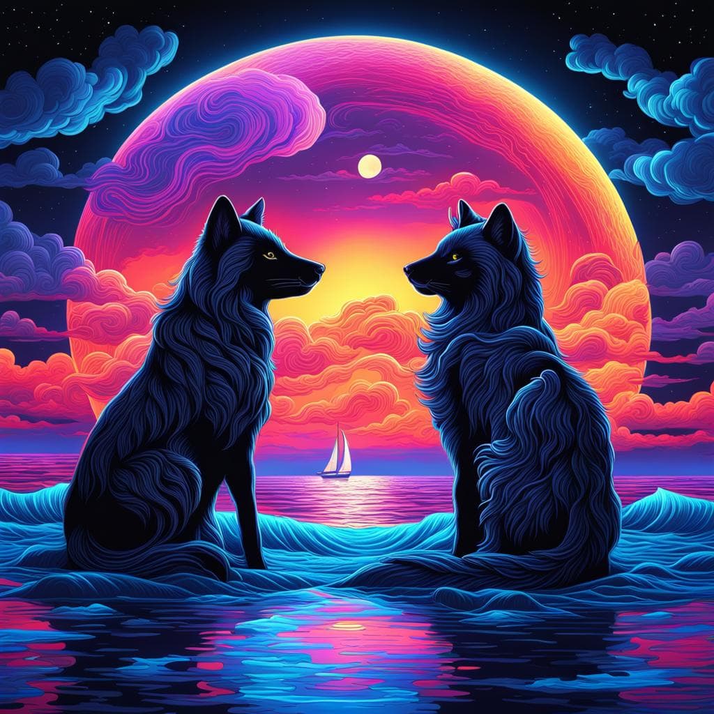 AI generated: a Mythical animal couple in a neon light art, in the dark of night, moonlit seas, clouds, moon, star...