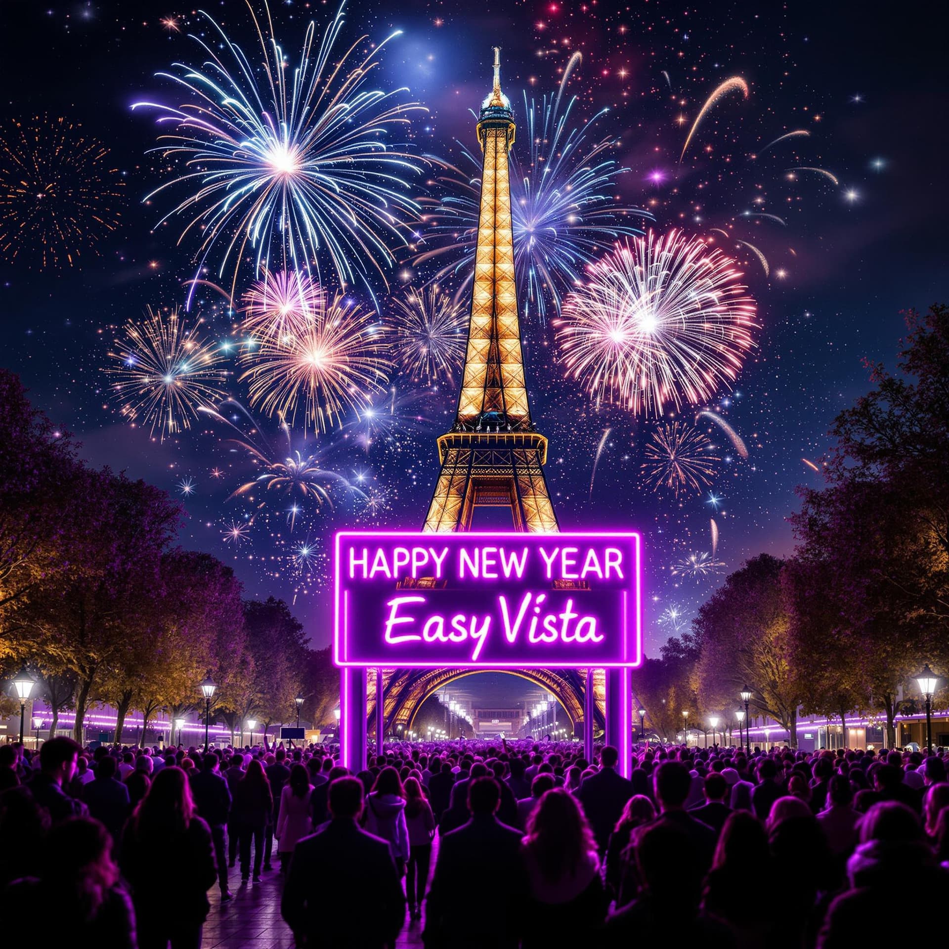 AI generated: Create a lively and festive image of people celebrating New Year's Eve in Paris in front of the Eiff...