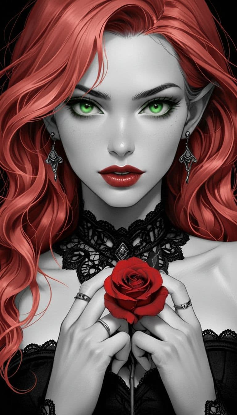 AI generated: black and white with added colour a  woman elf ,captivating  soft green eyes , red fluid wavy hair r...