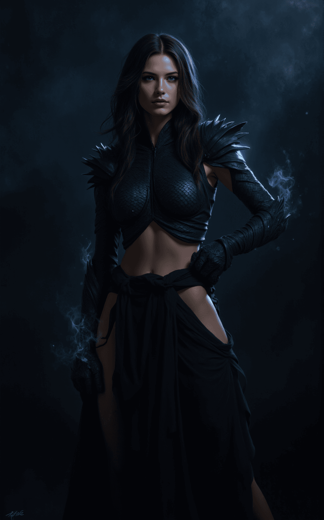 AI generated: This captivating digital painting portrays a striking portrait of a rugged, enigmatic female figure,...