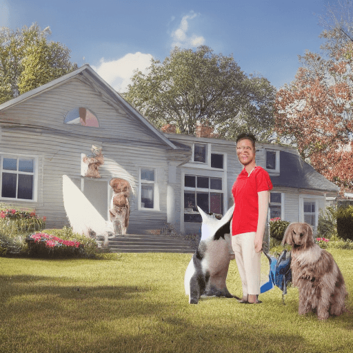 AI generated: house with person standing in front with a cat and dog next to them
