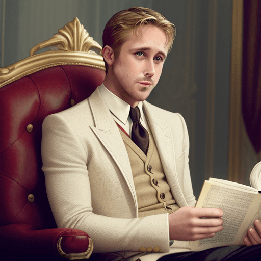 AI generated: Ryan Gosling wearing king clothes while he reads "La regenta" 