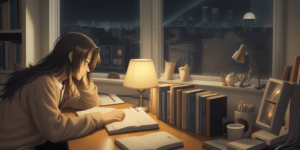 AI generated: anime teenager, Lo-fi, working at home, at the computer, awake, handsome, medium-length hair, fluffy...