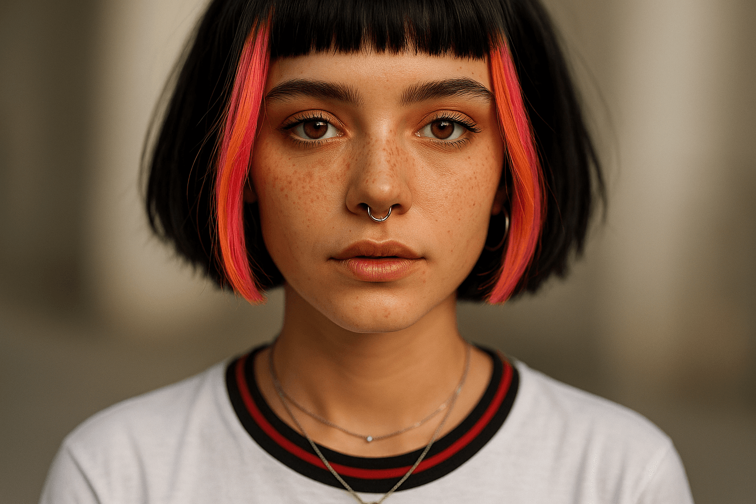 AI generated: Close-up portrait of a young person with a short black bob haircut, straight bangs, and vibrant pink...