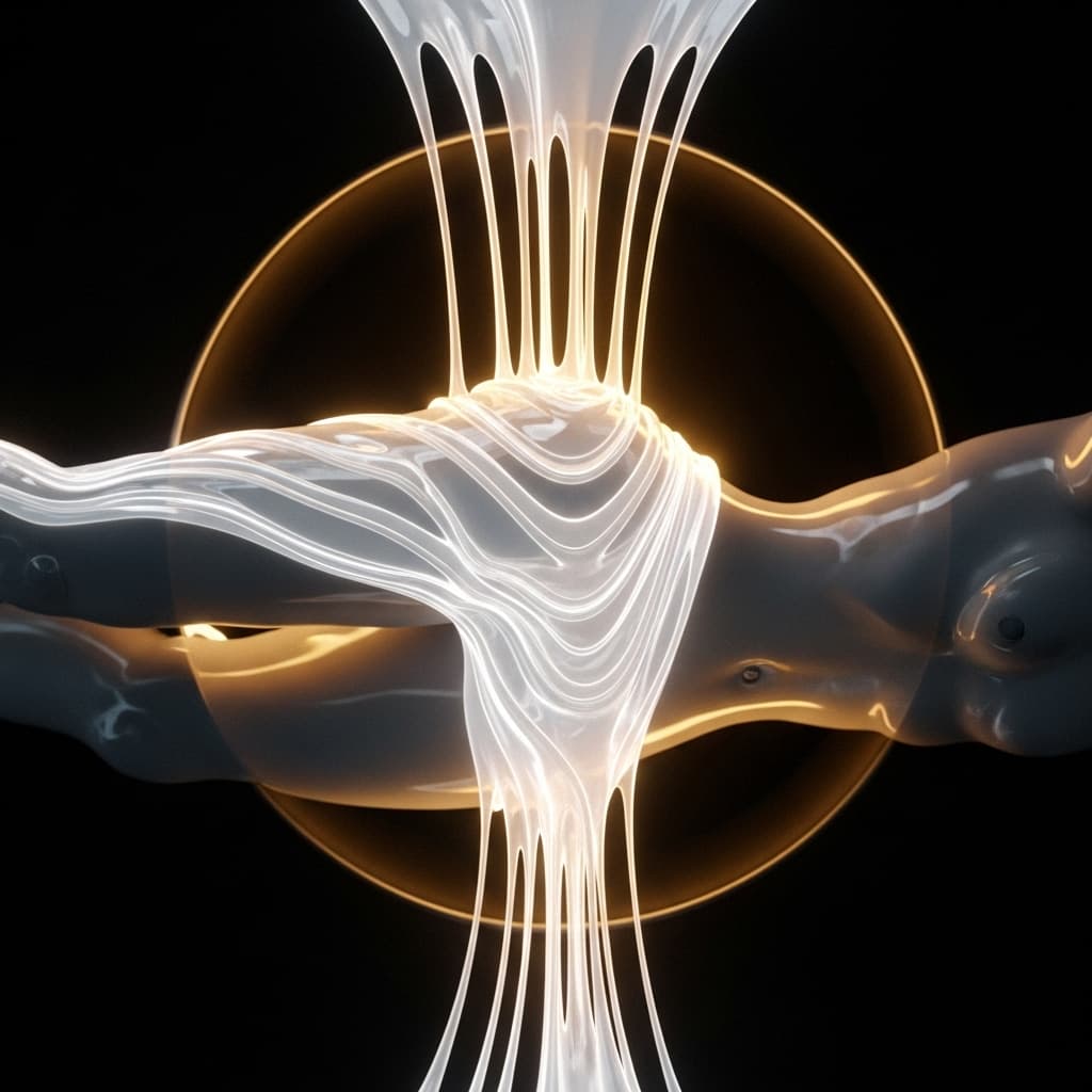 AI generated: Close-up slow motion shot of a glowing, viscous white substance oozing from a dark, circular opening...