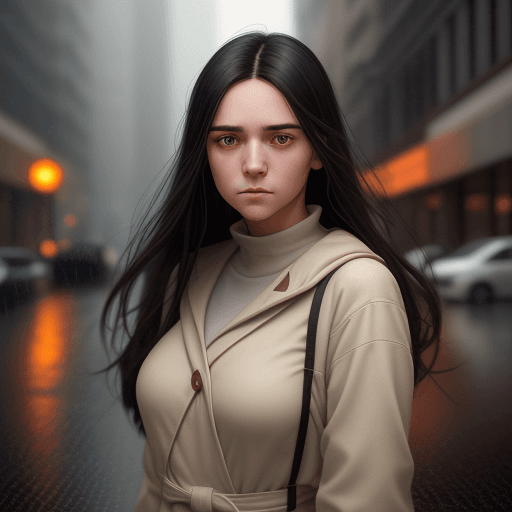 AI generated: a young woman with long dark hair in front of her face, in the style of sony alpha a7 iii, symmetric...