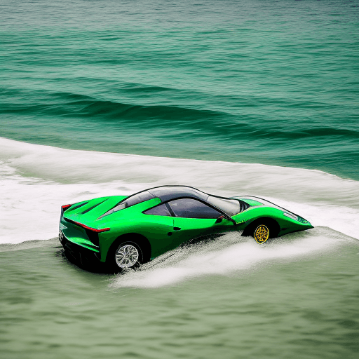 AI generated: green Ferrari in the ocean with seagull on its bonnet