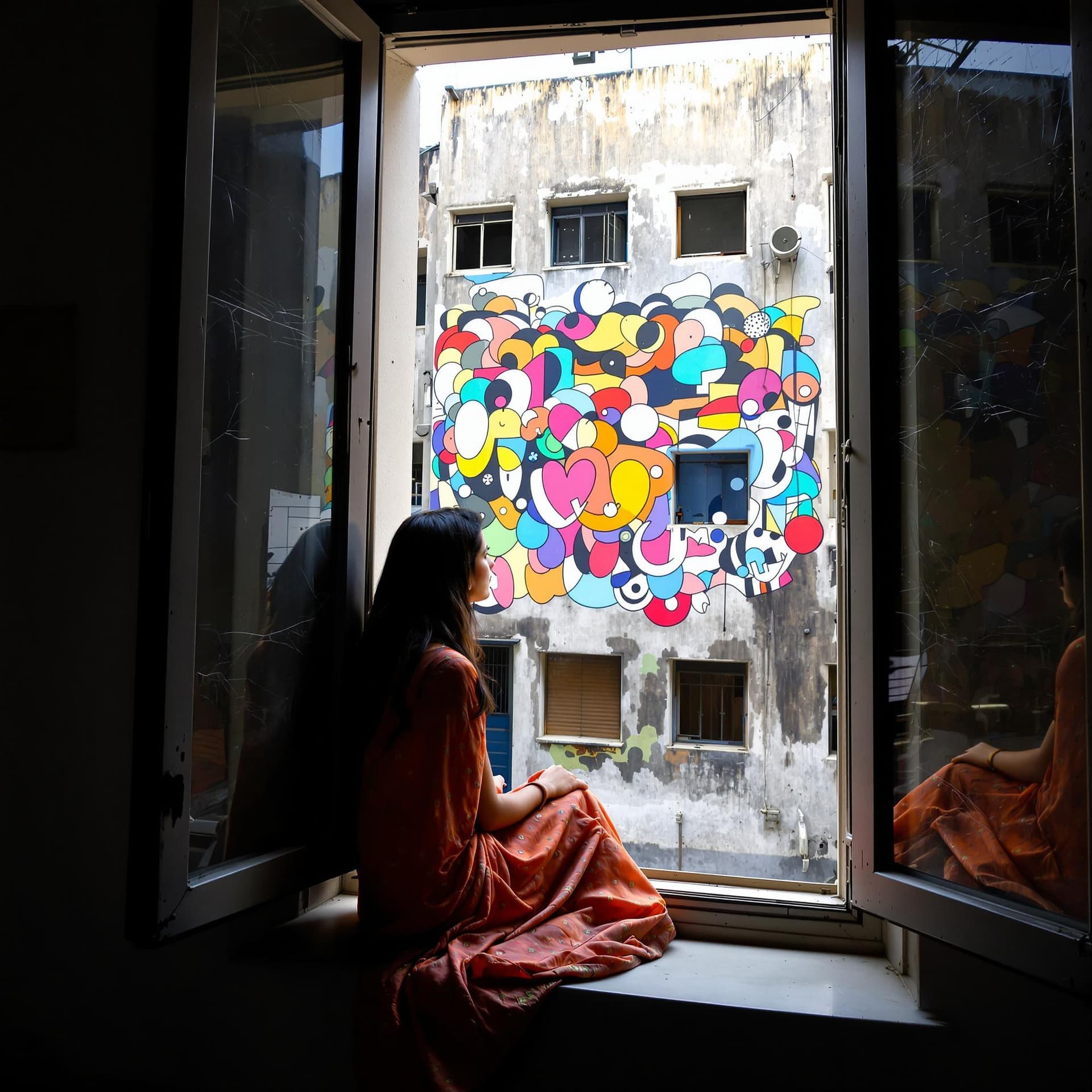 AI generated: a tall open window with a view of a building with a colorful abstract mural, a Indian woman, from th...