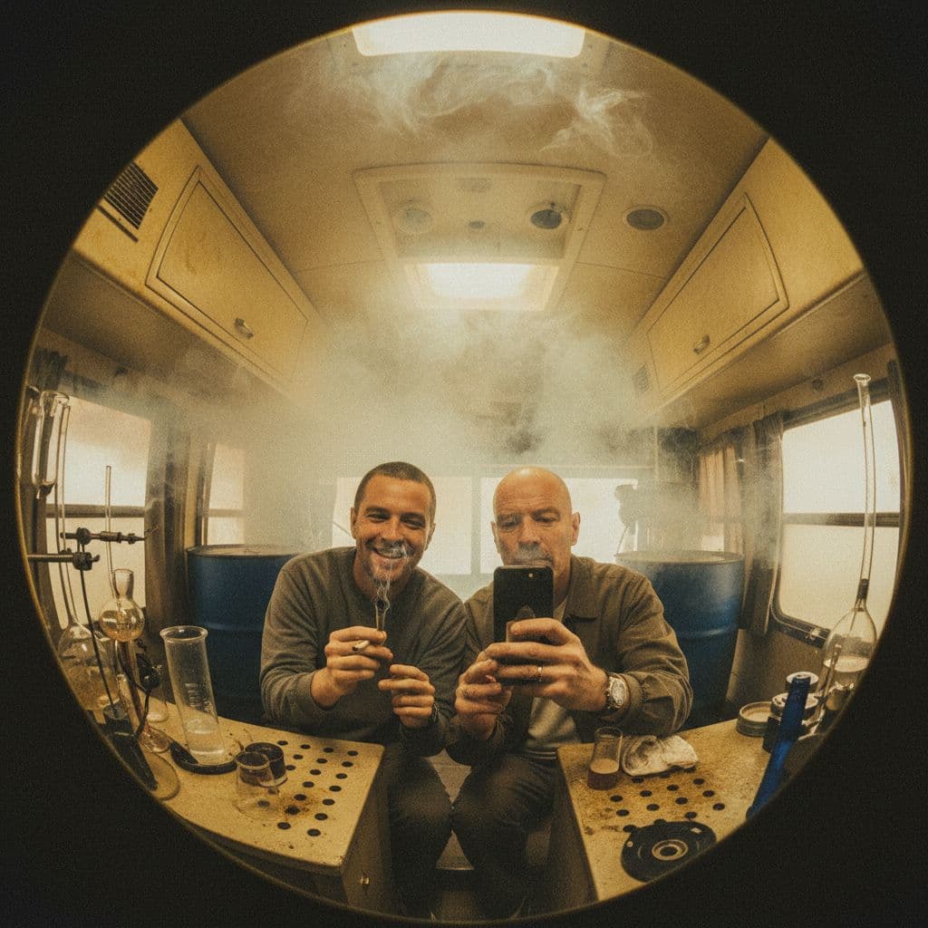 AI generated: jesee pinkman taking a selfie of him and walter white smoking doobies in the methlab\RV  which has t...