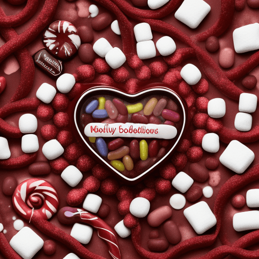 AI generated: High resolution photography; red licorice noose, white granulated sugar coating,  marshmallows, jell...