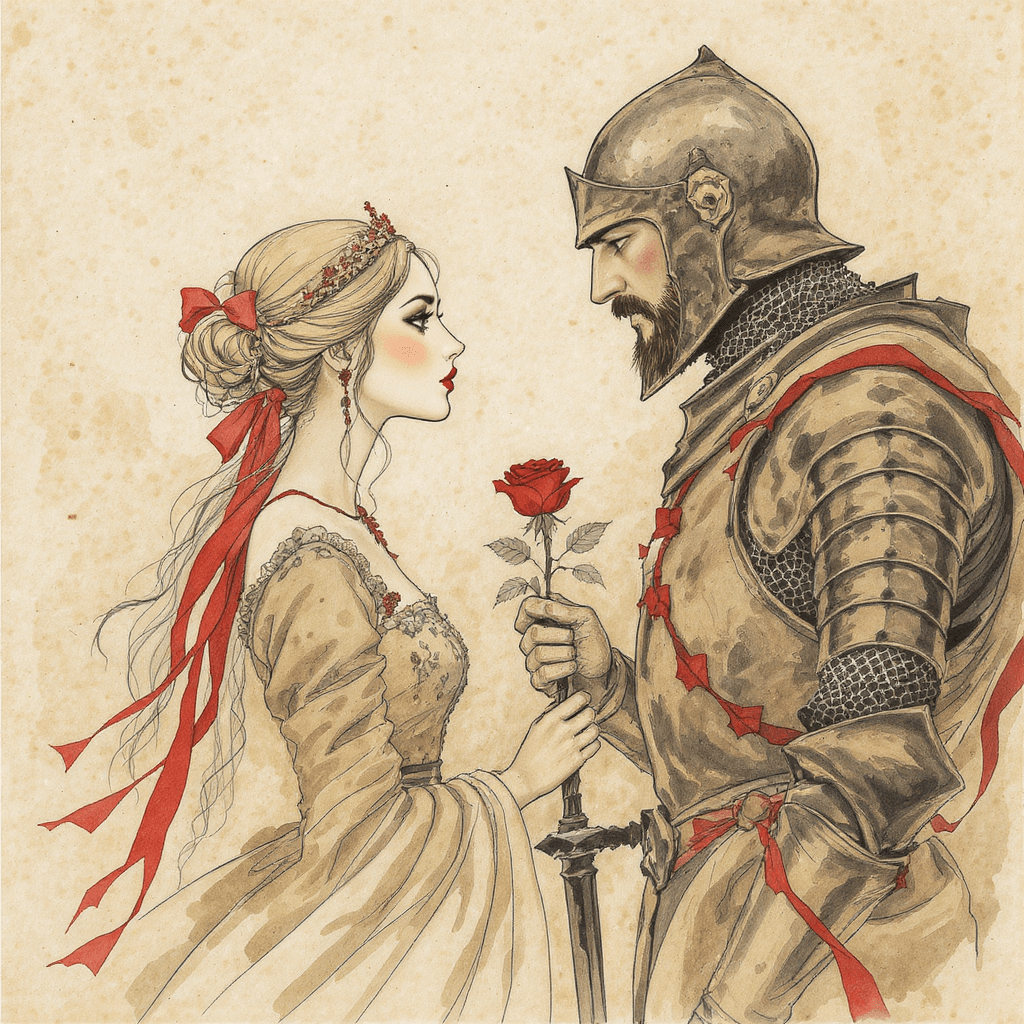 AI generated: An illustration of a noble lady and a medieval knight facing one another in a moment of quiet intens...