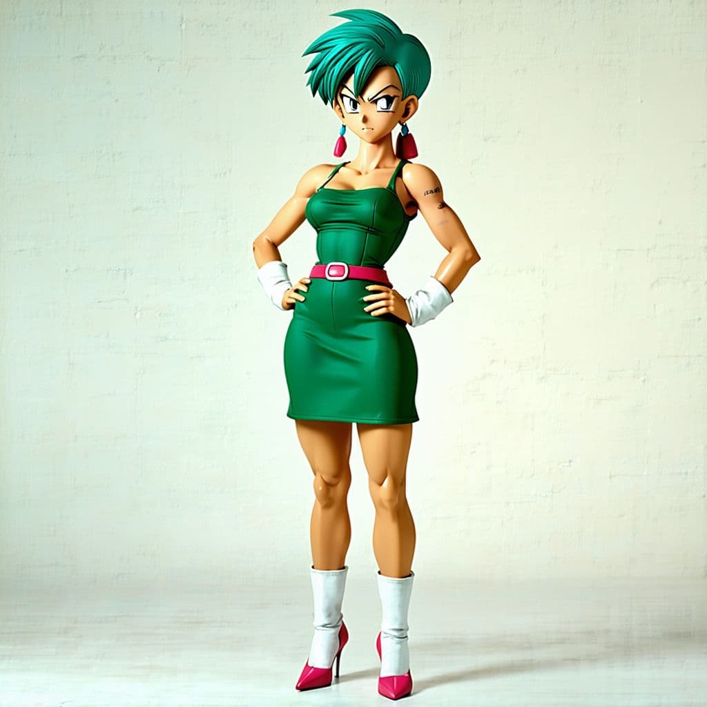 AI generated: Bulma de dragonball, 40 años, tetas grandes, vestido escotado de falda por los cachetes, vestido ver...