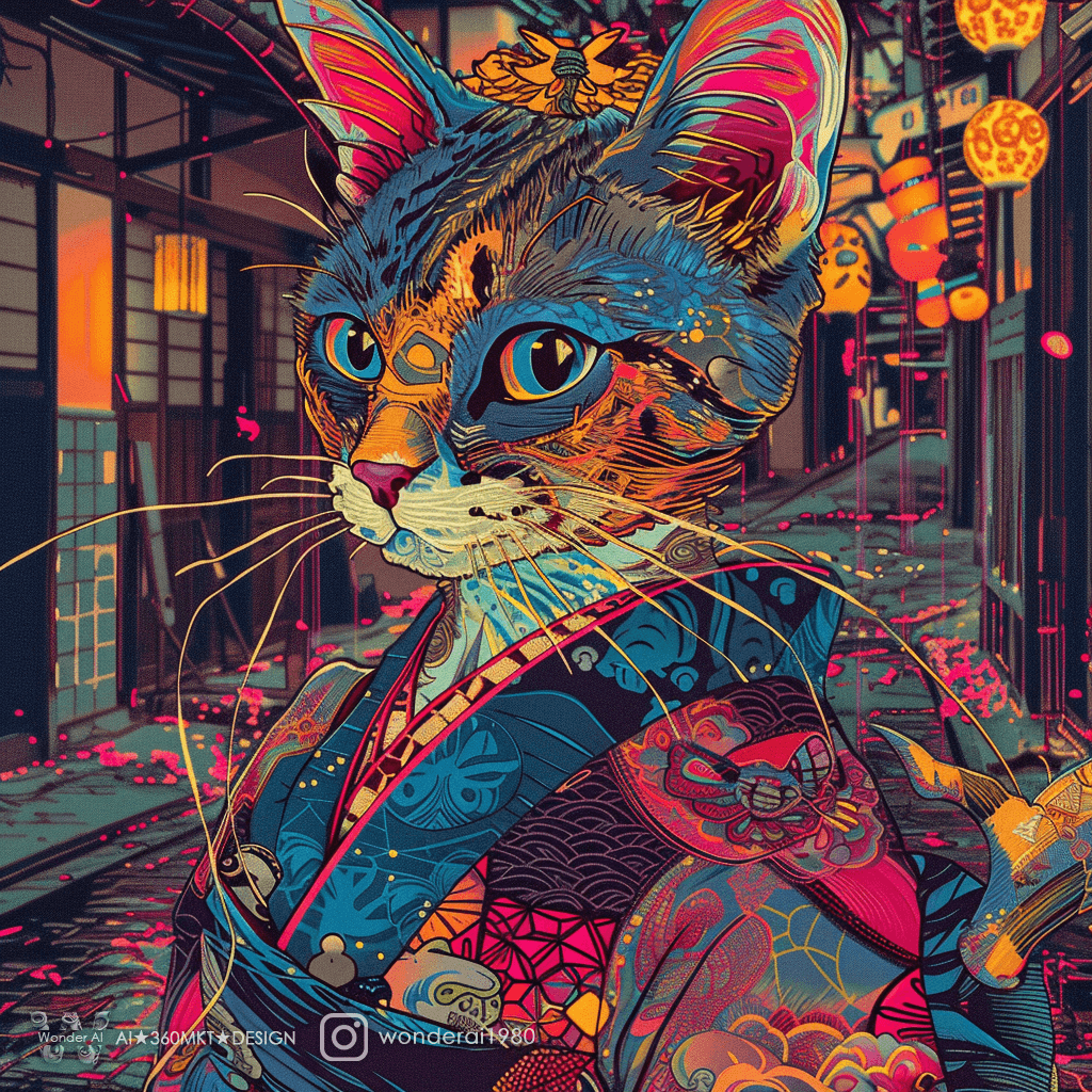 AI generated: a beautiful illustration of a cat dressed as anime geisha in the style of glitch art, with bold colo...