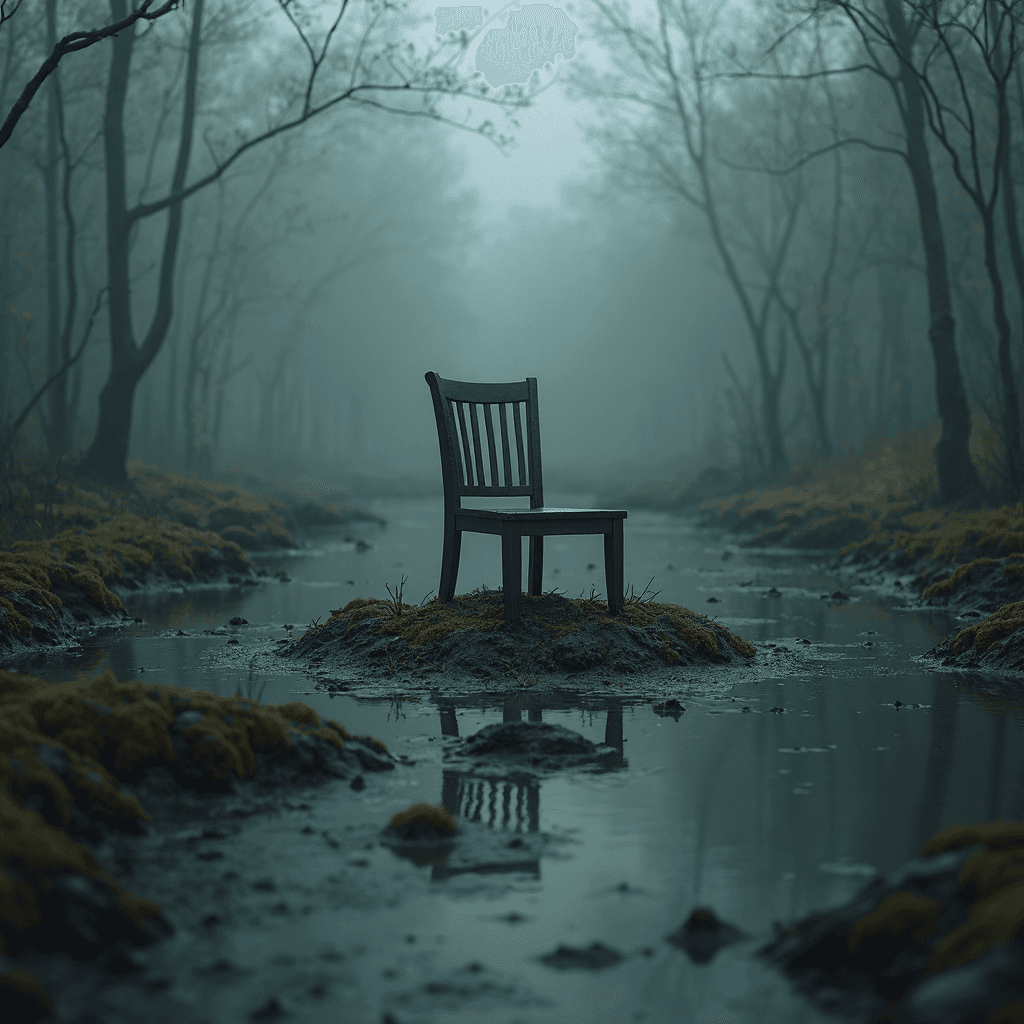 AI generated: endless dark swamps full of mud and moss, on an island of mud there is an ordinary chair contrasting...
