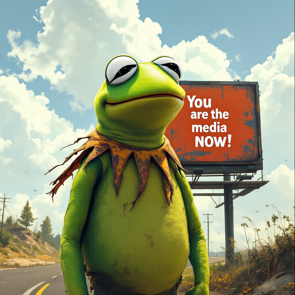 AI generated: pepe the frog with a billboard that says "You are the media now"