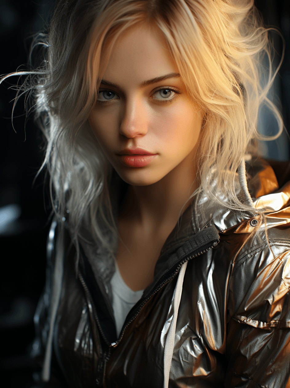 AI generated: screenshot shows a woman who has a blonde hair, in the style of unreal engine 5, macro lens, experim...