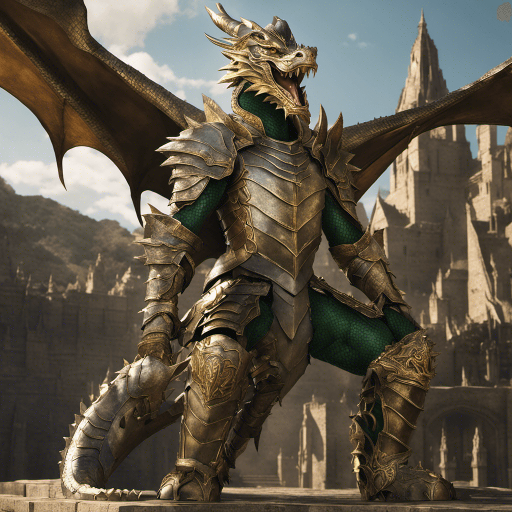 AI generated: a dragon stands tall and majestic, its formidable presence enhanced by the magnificent suit of armor...