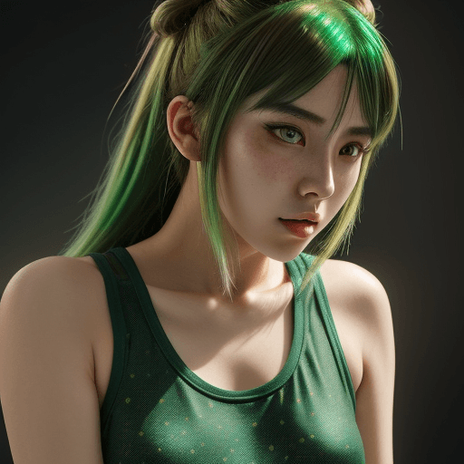 AI generated: girl with green hair highlights in tank top, long brown hair, in the style of hyper-realistic atmosp...
