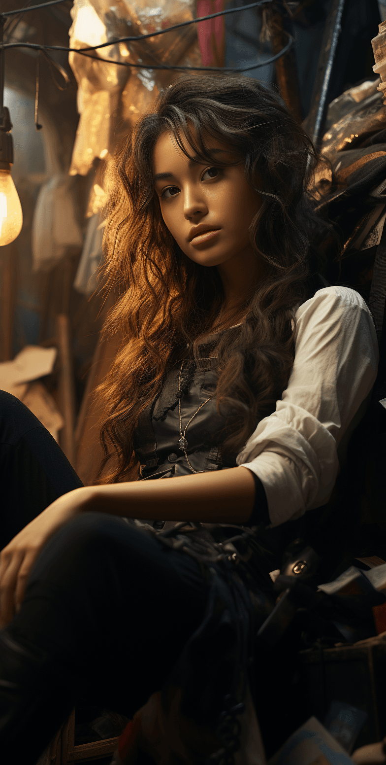 AI generated: a model with long hair sitting in a trash pile, in the style of highly realistic, oriental, realisti...
