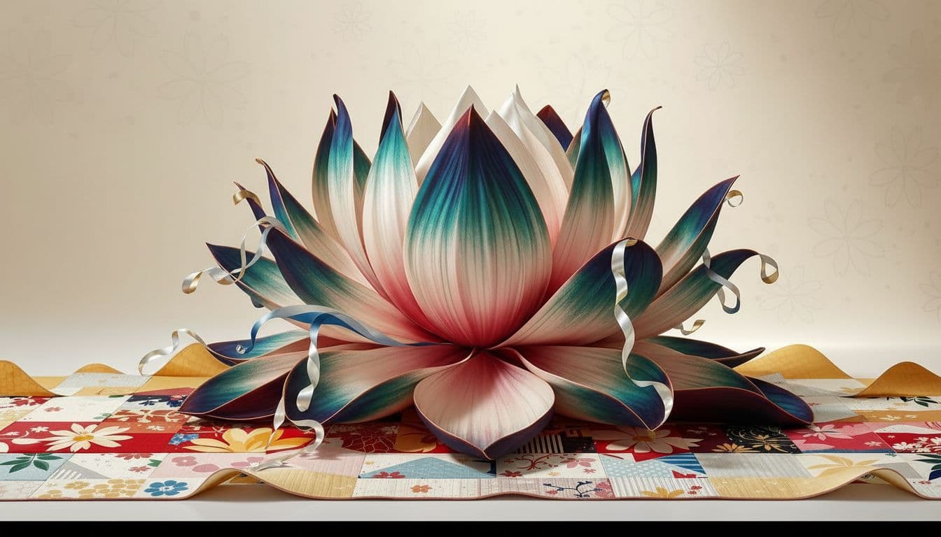 AI generated:  A hyper-realistic scene featuring a lotus-shaped sculpture crafted from glossy satin silk, with lon...