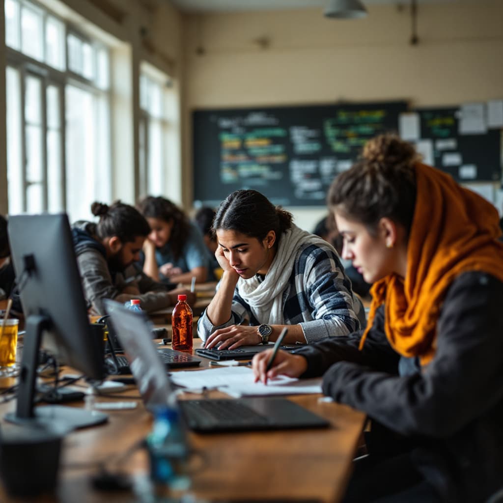 AI generated: A group of students in an examination hall coding and having peer discussion
