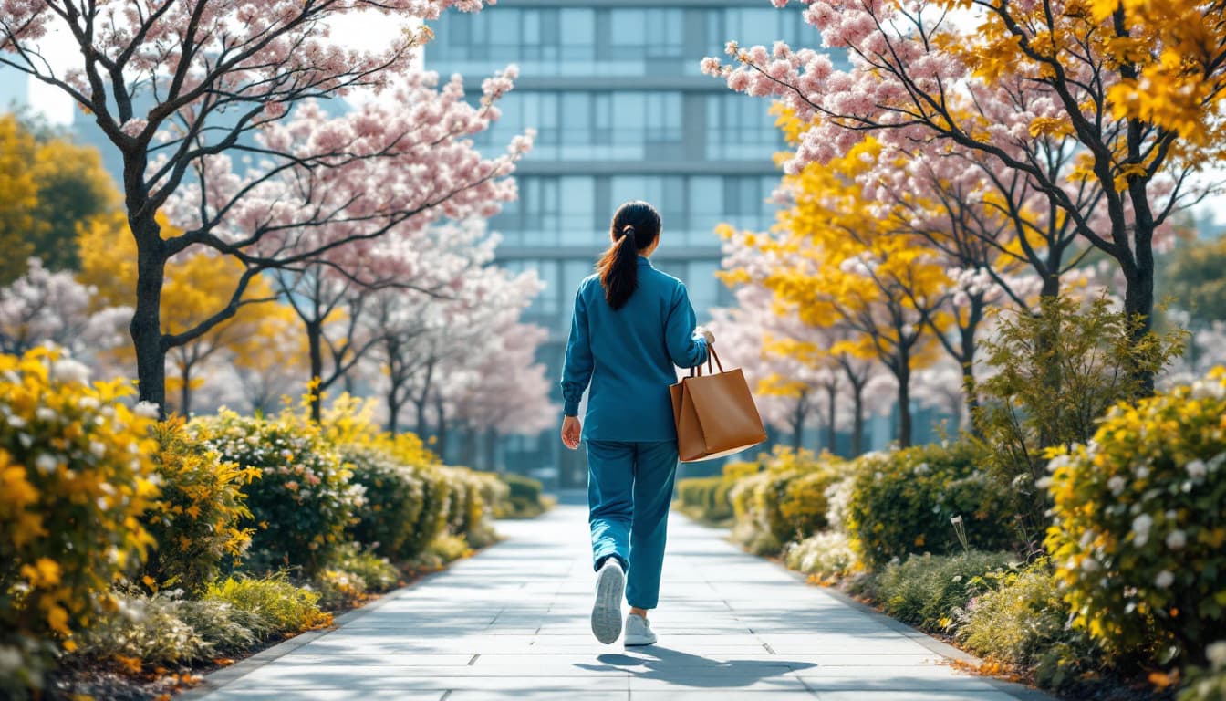 AI generated: Rear view of a Japanese female worker walking along a modern garden path towards a contemporary offi...
