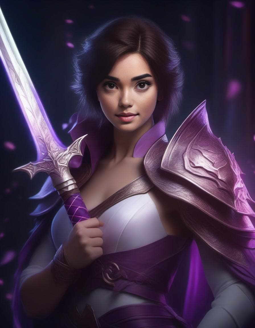 AI generated: a lilac with a human face, female lilac hybrid with dragon eyes, an evil smile with a evil sword, fa...