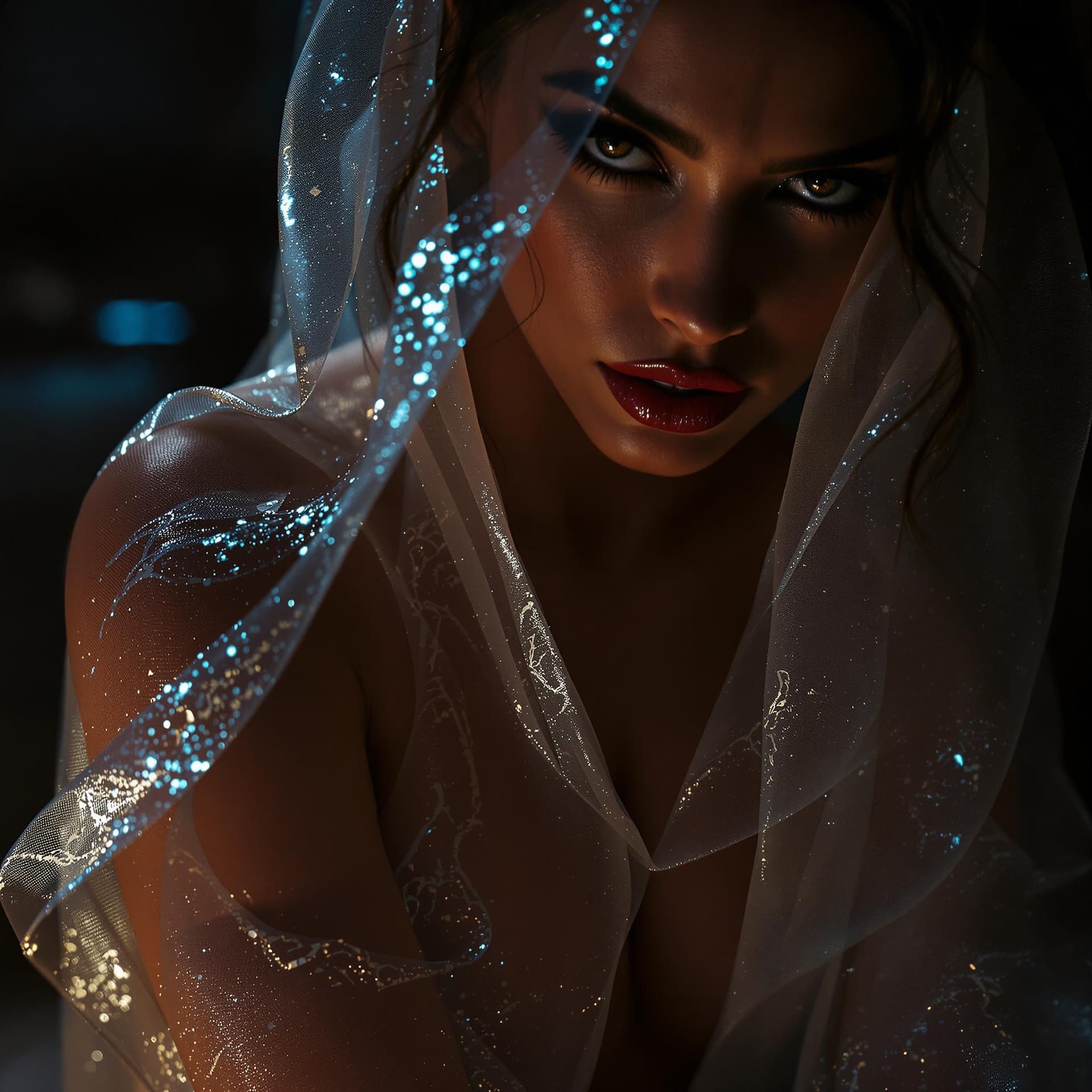 AI generated: A close-up captures a mesmerizing woman in an intimate, low-lit setting. She wears an ultra-sheer, f...