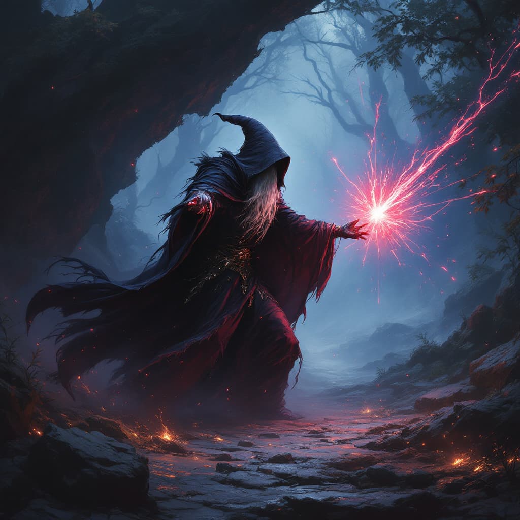 AI generated: a wizard casting eldrich blast, a red beam