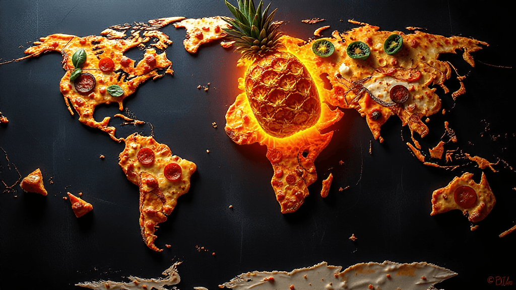AI generated: A world map where the continents are made of different pizza toppings. The Hawaiian islands are repr...