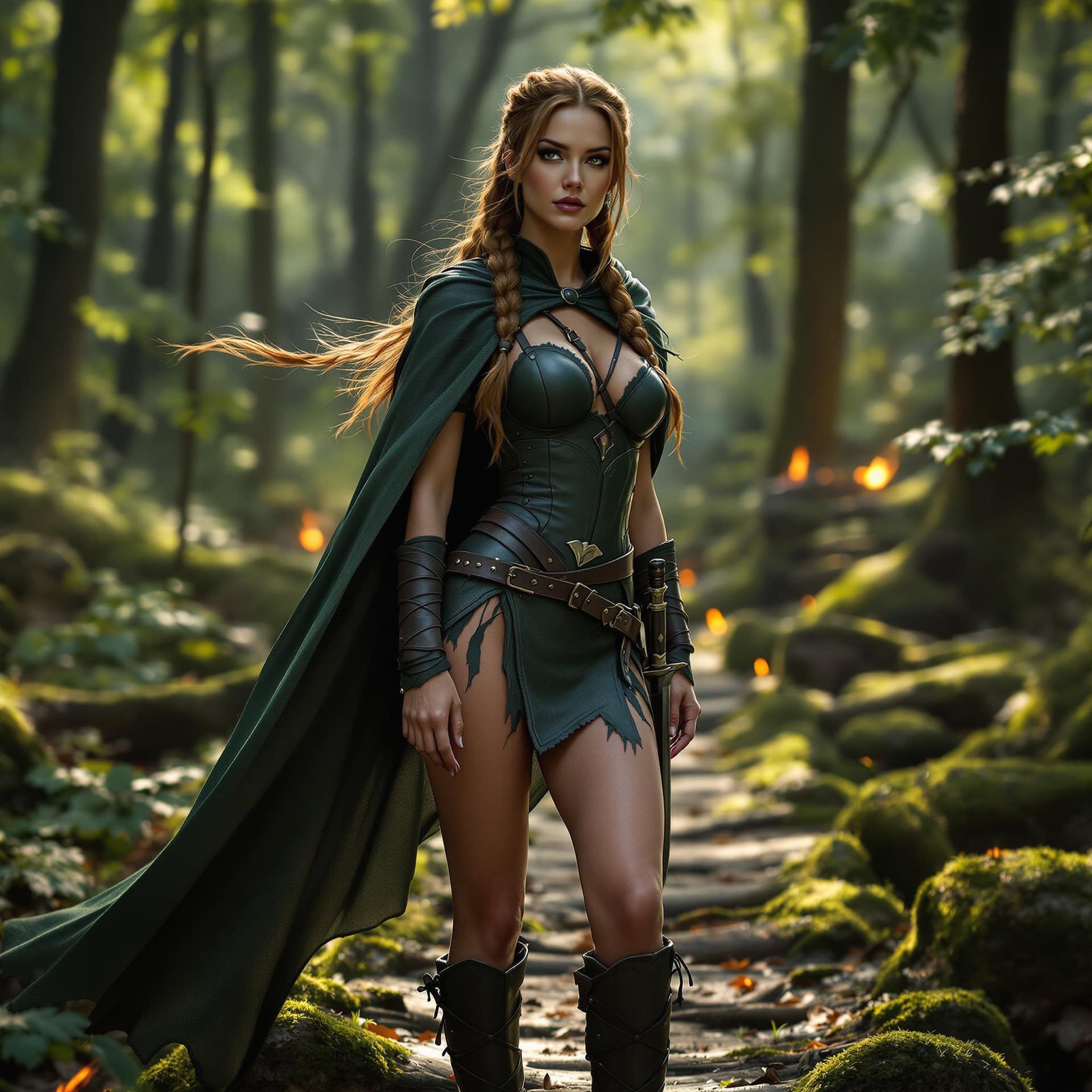 AI generated: Cinematic forest scene featuring a female Robin Hood — a gorgeous outlaw archer standing confidently...