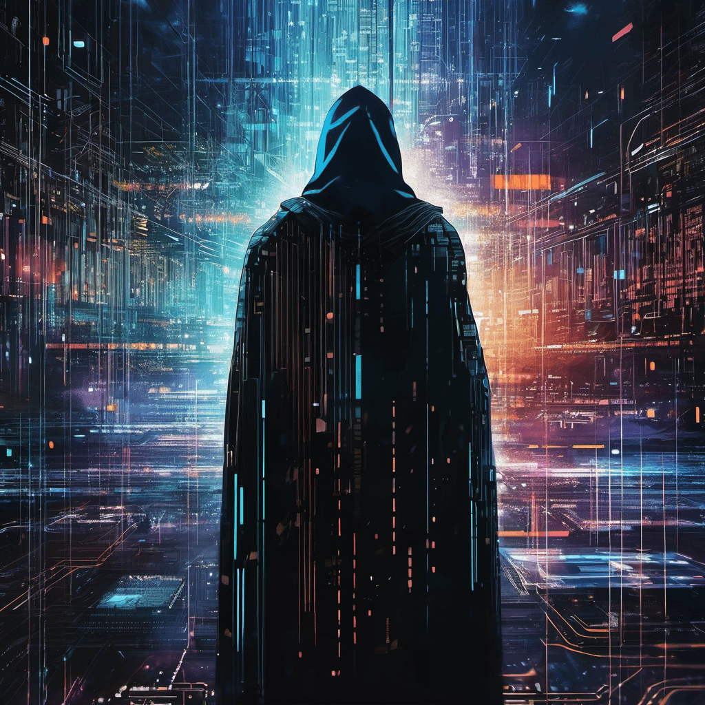 AI generated: Portrait of a futuristic hacker, centered, no face, cape, in a matrix-style digital world, surrounde...