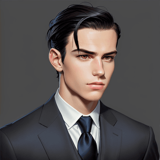 AI generated: Square (1:1) Draw a sharply dressed young man with short, neatly styled dark hair. He wears a fitted...