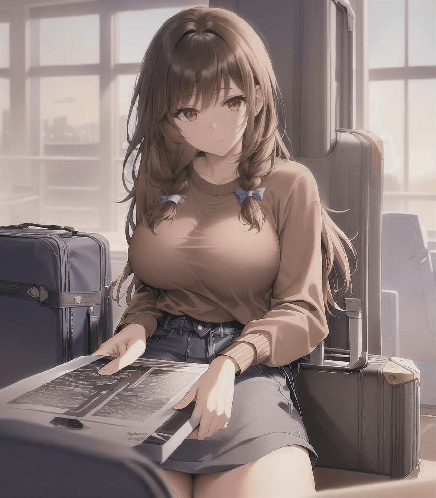 AI generated: (perfect anime illustration), hot girl, 1girl, braided hair, ((airport, luggage, waiting, sitting, t...