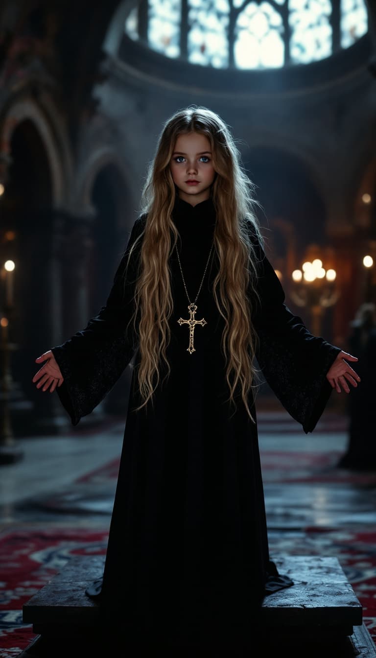AI generated: a professional photo of a ten year old girl, with long blonde hair big blue eyes, standing on a alte...
