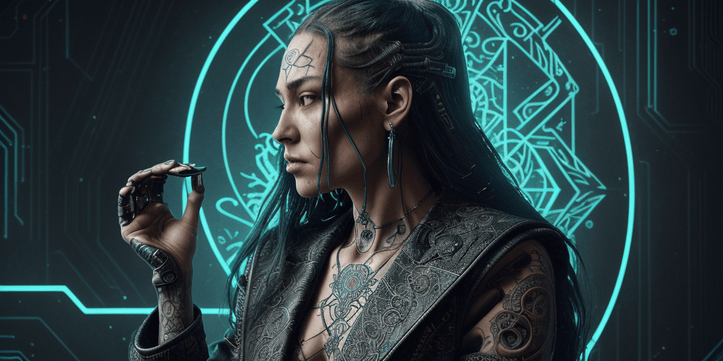 AI generated: tarot card with intricate detailed frame around the outside, side portrait of cyberpunk head with lo...
